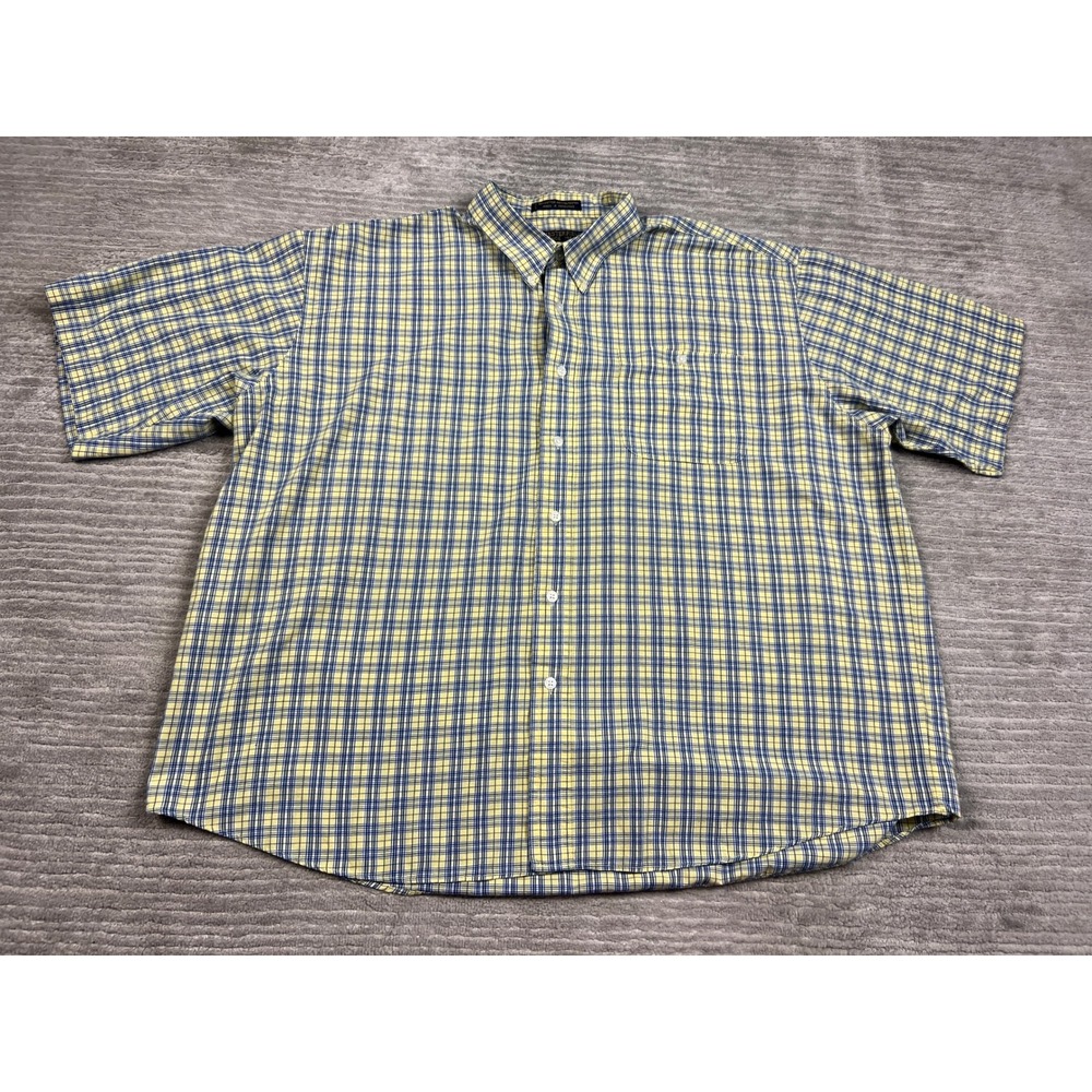 Chesterfield Button Down Mens XXL Yellow Blue Plaid Short Sleeve Shirt Pocket